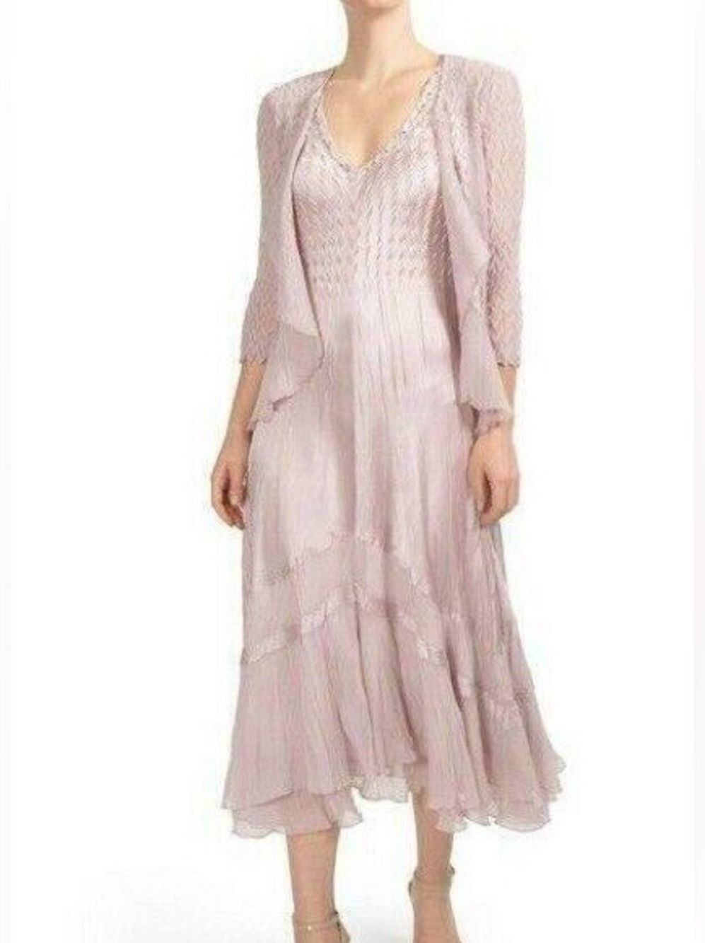 Komarov 2-Piece Pleated Midi Dress & Open Jacket Set - Blush Pink Size M